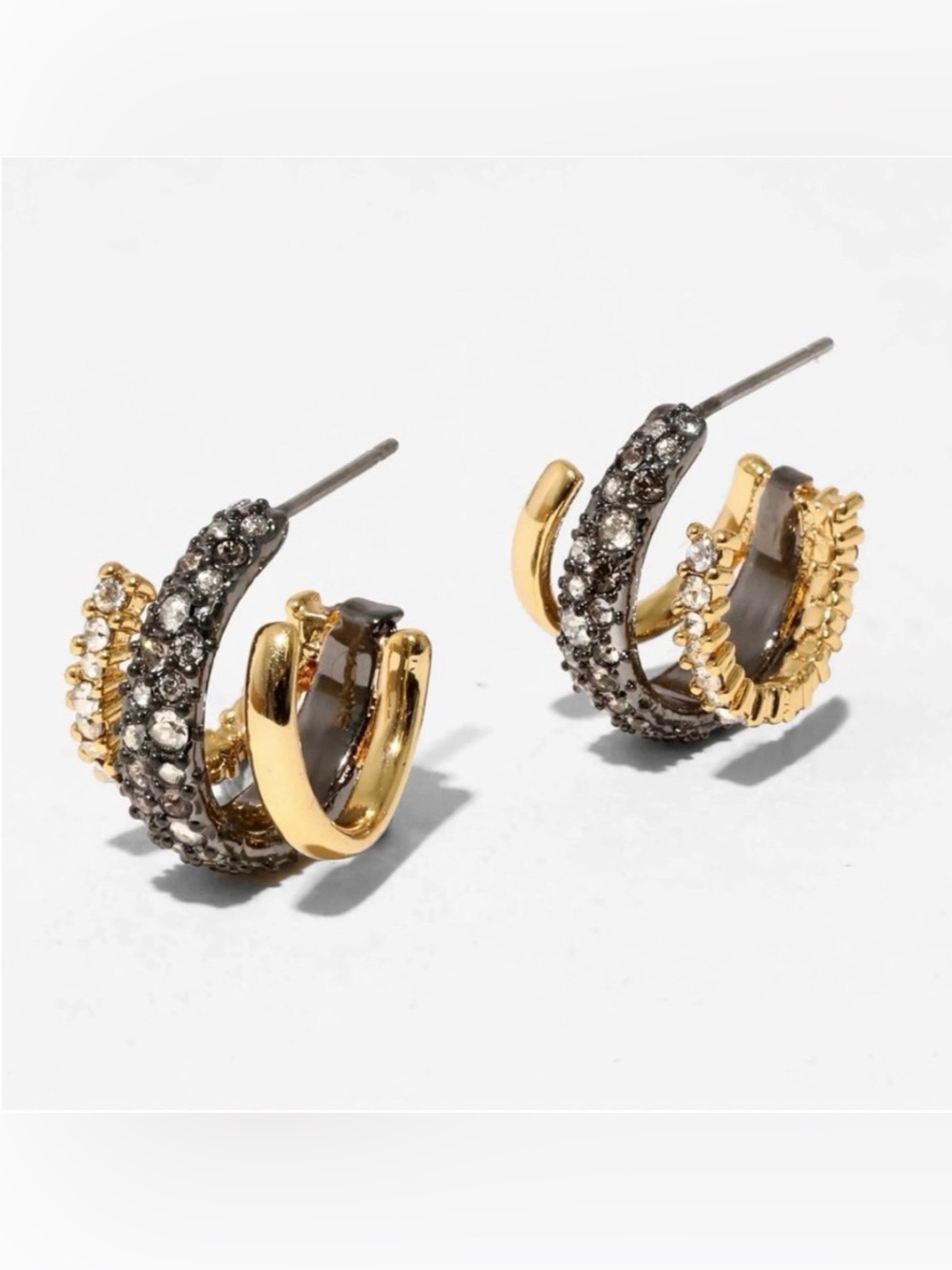NEW Alexis Bittar Earrings Floating Orbit Stacked Hoop Gunmetal Gold Clear JL12